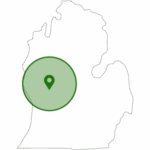 outline of Michigan Lower peninsula, location marker on Morley with 40 mile radius for coverage area